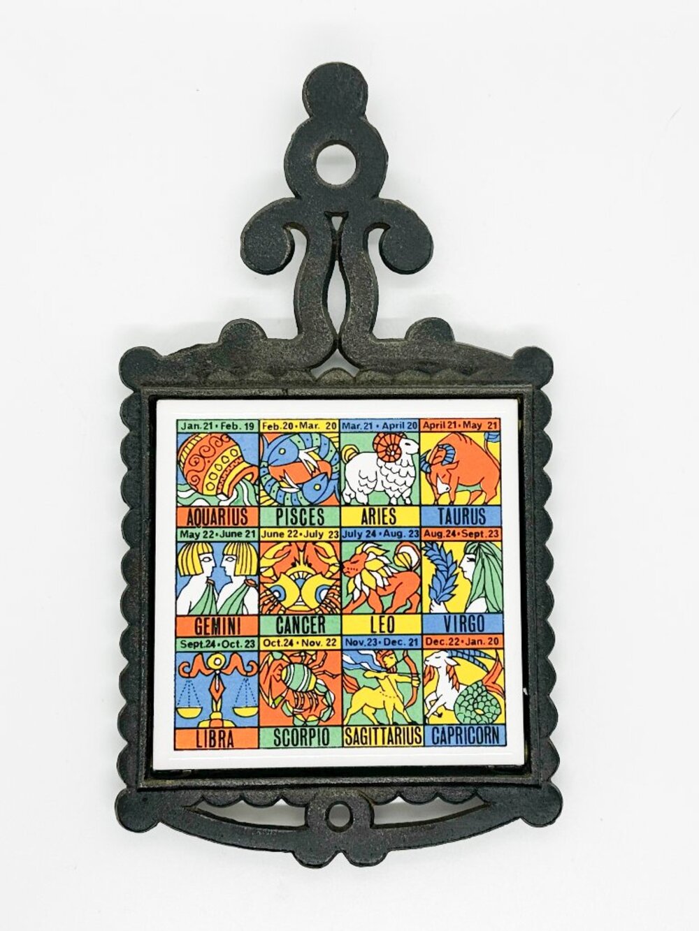 Vintage Iron Ceramic Zodiac Trivet Wall Hanging Witchy Whimsigoth Retro 70's